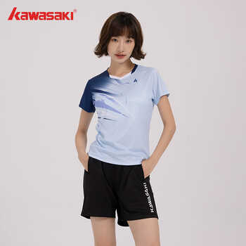 川崎（KAWASAKI）羽毛球服女款专业运动圆领短袖+短裤套装B2815 淡蓝色 2XL