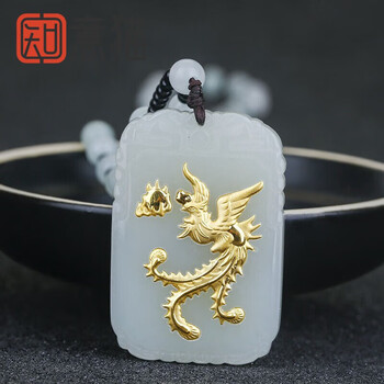 知意猫黄金项链情侣款一对男女龙凤吊坠金镶玉和田玉龙凤呈祥黄金挂件