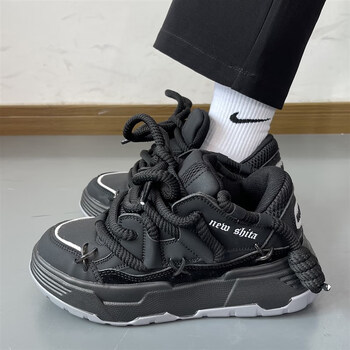 男鞋ins潮牌小众情侣老爹鞋厚底潮流复古小黑鞋休闲透气运动鞋黑色36