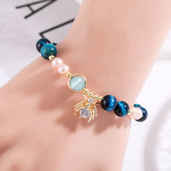 珍珠手链气质时尚玫红虎眼手串包金锆石闺蜜手8mm蓝虎眼珍珠手串蜘蛛