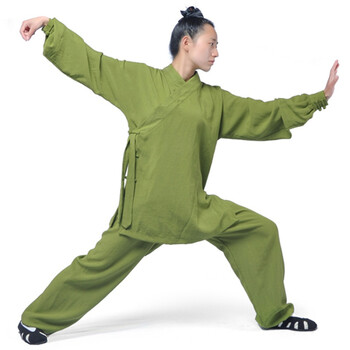 春夏亚麻太极服装练功道袍道士服武术表演服禅修服居士服男女 草绿色