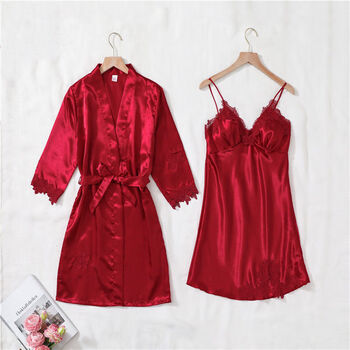 大红色本命年喜庆性感睡衣女春秋薄款冰丝绸吊带胸垫睡裙五件套装浴袍