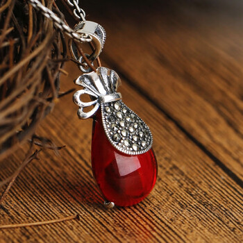 莘语925银石榴石钱袋吊坠女复古泰银玛瑙红玉髓福袋项链短款颈链单