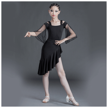 2021新款女童拉丁舞裙儿童舞蹈练功服夏季女孩跳舞裙少儿比赛演出黑色