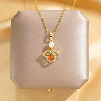 igiftfire18k金电镀彩色祥云珍珠平安扣吊坠钛钢项链女满钻轻奢锁骨链