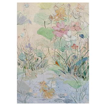 油彩画　【花】　抽象 抽象五颜六色的油画在画布上. 半抽象的花朵图像，黄色和红色与蓝色