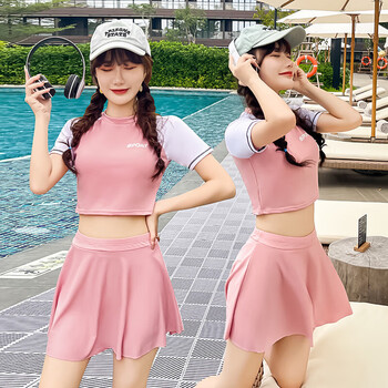 裙式泳衣少女学生保守遮肚子显瘦两件套度假泡温泉游泳装粉色m7595斤