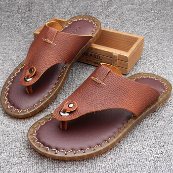 牛筋底人字拖男真牛皮软底牛皮夹脚拖男士防滑透气百搭凉拖鞋男棕色39