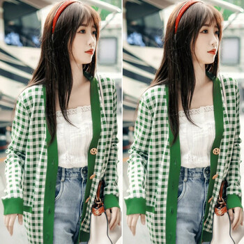 两个人的小森林虞书欣同款衣服绿色格子针织外套开衫女长袖上衣秋