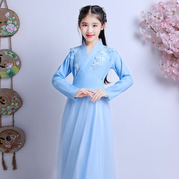 汉服古风服装古代公主贵妃衣服小女孩仙女轻纱白浅广袖流仙裙 蓝色