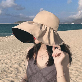 黑胶防晒帽女夏遮脸太阳渔夫帽大檐遮阳帽子 气质卡其【upf50 】 m(56