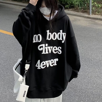 lab国潮牌复古发泡印花女街头宽松休闲重磅情侣连帽衫卫衣 黑色 l