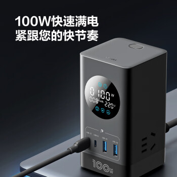 公牛（BULL）智能数显屏幕氮化镓100W快充插座/桌面充电站/桌面插座抗电涌电竞 立式USB 2C2A+3插孔 总控开关