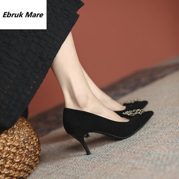 ebruk mare高跟鞋女夏季新款水钻细跟面试乘空黑色绒面工作鞋女职业单