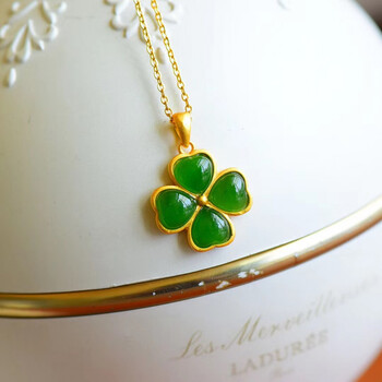 吊坠女银镶嵌玉石项链时尚幸运草菠菜绿玉坠节日礼物四叶草吊坠链子