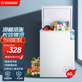 Snowsea小冷柜冷藏冰柜家用小型一级节能低噪冻柜商用速冻保鲜冷冻卧式小冰箱 60L【节能轻奢款】