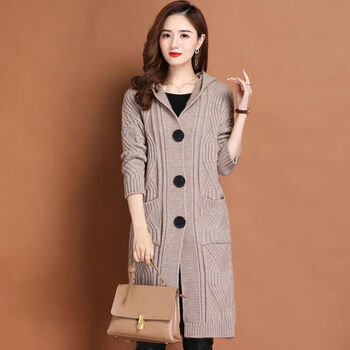 匠璃中年女士风衣高档中长款毛衣开衫宽松连帽外套秋冬加厚小个子大衣