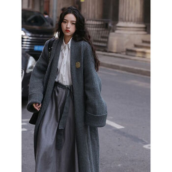 年轻橡素youngpresion法式复古翻袖针织开衫女秋季新款长款毛衣外套