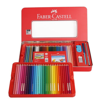 辉柏嘉（Faber-castell）水溶性彩铅笔彩色铅笔60色+60孔笔帘绘画笔套装115965红铁盒装美术写生