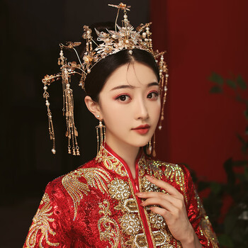 中式婚礼流苏凤冠 新娘中式古装秀禾头饰金色复古流苏结婚凤冠古典