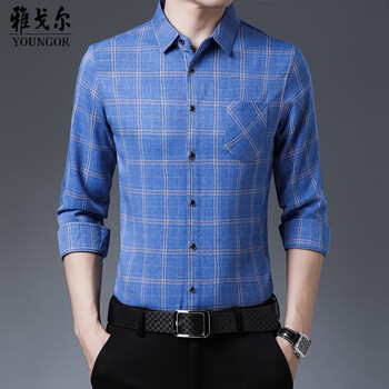 雅弋尔2023春秋新款长袖格子免烫衬衫男中年男士商务春装纯棉上衣2015