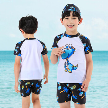 游泳衣大中小童宝宝泳裤泳帽戏水装备速干不贴身泳装白色三角龙三件套