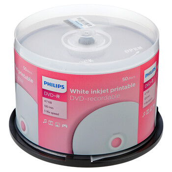 飞利浦（PHILIPS）DVD-R空白光盘/盘面可打印/刻录盘 16速4.7G 可打印盘 桶装50片