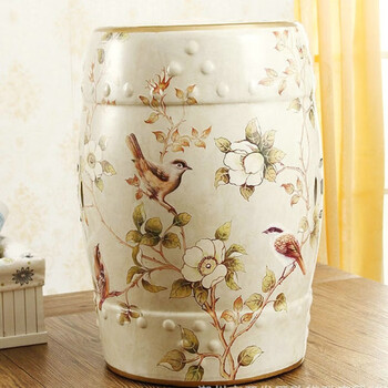 荣窑坊景德镇彩花花鸟陶瓷凳子中式鼓凳凉墩化妆凳换鞋凳现代家居装饰品 RYYL03 高44cm直径33cm
