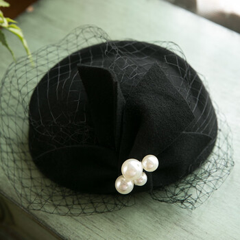 彩虹狐网纱贝雷帽女大头围贝夏法式优雅英伦复古网纱贝雷帽羊毛呢小