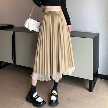 (xuanni)两面穿半身裙女2023春款a字百褶裙高腰显瘦中长款纱裙 卡其色