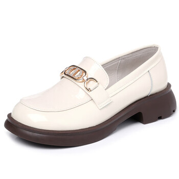 波徊漆皮单鞋春秋一脚蹬皮鞋厚底乐福鞋女士牛皮女鞋圆头软底妈妈鞋子