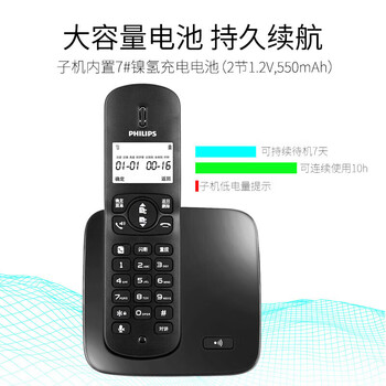 飞利浦（PHILIPS）无绳电话机 无线座机 子母机 办公家用 屏幕白色背光 持久待机 DCTG186黑色