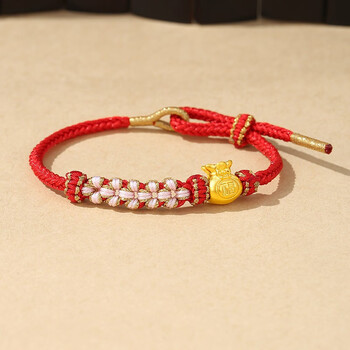 999福袋手链硬金转运珠桃花手绳情侣女友节日礼物黄金五福花福袋红绳