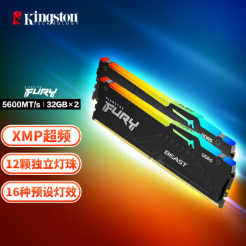 金士顿 (Kingston) FURY 64GB(32G×2)套装 DDR5 5600 台式机内存条 Beast野兽系列 RGB灯条 骇客神条