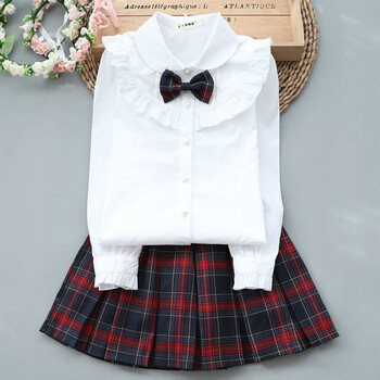 儿童衬衣格子半身裙短裙校服演出服 压线衬衫 苏格兰枣红裙 小格子结