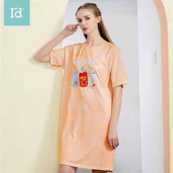 爱帝夏季薄款睡衣女式个性晕染短袖睡裙女款短袖T恤裙 橘色 XL/170