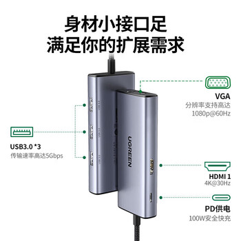 绿联 Type-C扩展坞脑转换器拓展坞USB-C分线器转接头HDMI通用笔记本 6合1【HDMI+VGA+USB+PD】25037