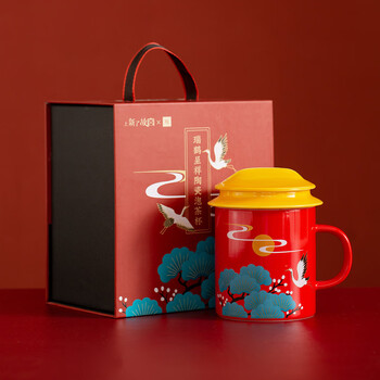 平仄故宫文创茶水分离泡茶杯陶瓷马克杯礼盒送朋友生日礼物瑞鹤呈祥