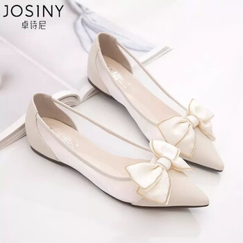 卓诗尼网纱单鞋女2024年新款夏季瓢鞋蝴蝶结豆豆鞋子透气凉鞋尖头