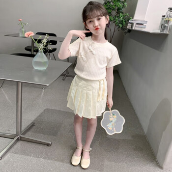 迪士尼（Disney）女童新中式国风套装夏季中大童盘扣短袖衬衫上衣百褶短裙两件套潮 米色套装 160cm