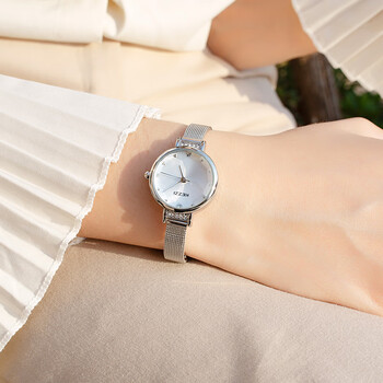 豫见美农女士手表女学生石英表简约法国小众气质钢带高中生腕表白壳白