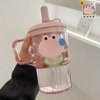斌诺可爱水杯女生夏季大容量带把手泡茶杯耐高温少女心果汁吸管杯子