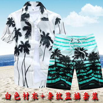 雀悠 复古短袖花衬衫男夏季海南岛服沙滩衬衫男套装三亚旅游夏威夷大