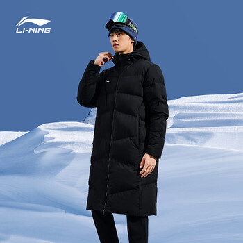 李宁（LI-NING）长款棉服新款乒乓球服保暖防风连帽外套男女同款 黑色 XL 