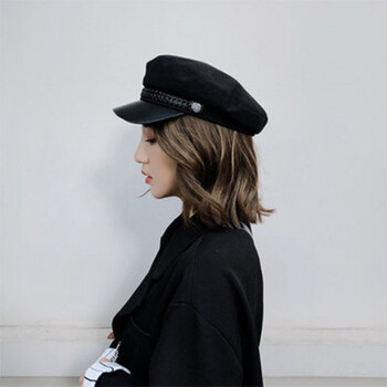 海军帽男女通用青年复古平顶鸭舌帽民国学生帽皮檐棉布贝雷帽皮辫黑色
