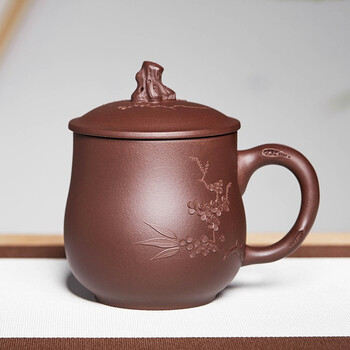 君吻紫砂杯茶杯手工茶具泡茶杯大容量紫砂盖杯松竹梅岁寒三友居家钱
