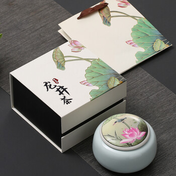 龙井茶礼盒包装陶瓷罐大佛龙井狮峰龙井明前通用绿茶空盒定制荷花白单