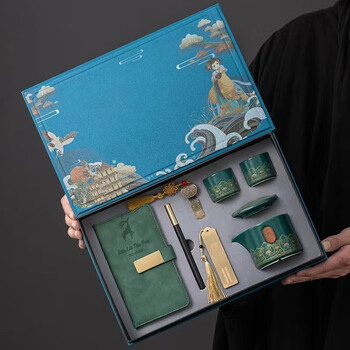 送客户可定制logo节日礼品生日礼物 大国潮绿色趴花快客笔记本套组