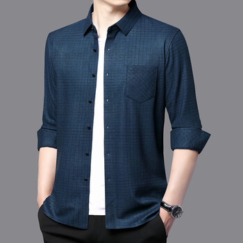 罗蒙桑蚕丝春秋季无痕磨毛爸爸装格子长袖衬衣休闲绵羊毛中年男士衬衫