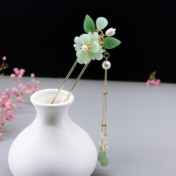 福画古风发簪简约盘翡翠绿牡丹花汉服古装头饰品 绿牡丹发钗款单支